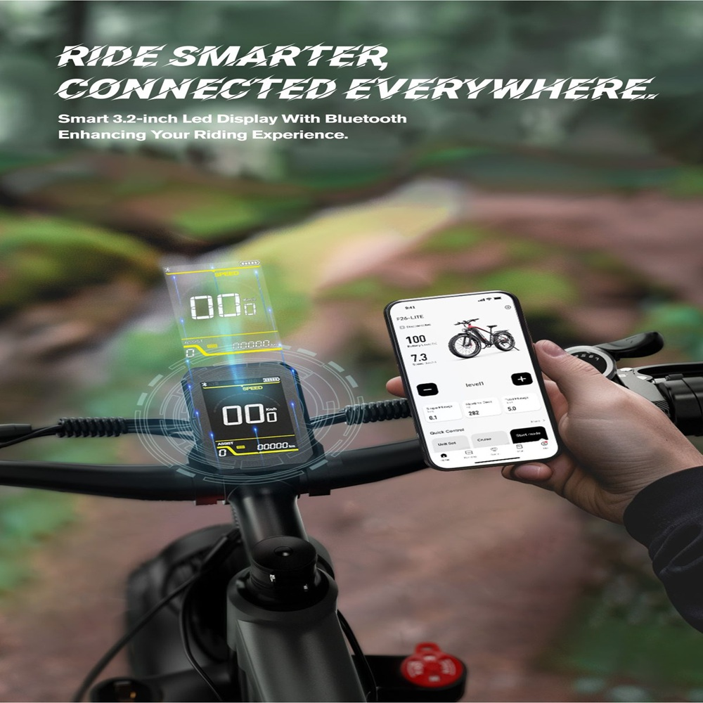Il display di una bici mostra 00. Un telefono mostra le statistiche della bici. Lo sfondo è una scena sfocata all'aperto.