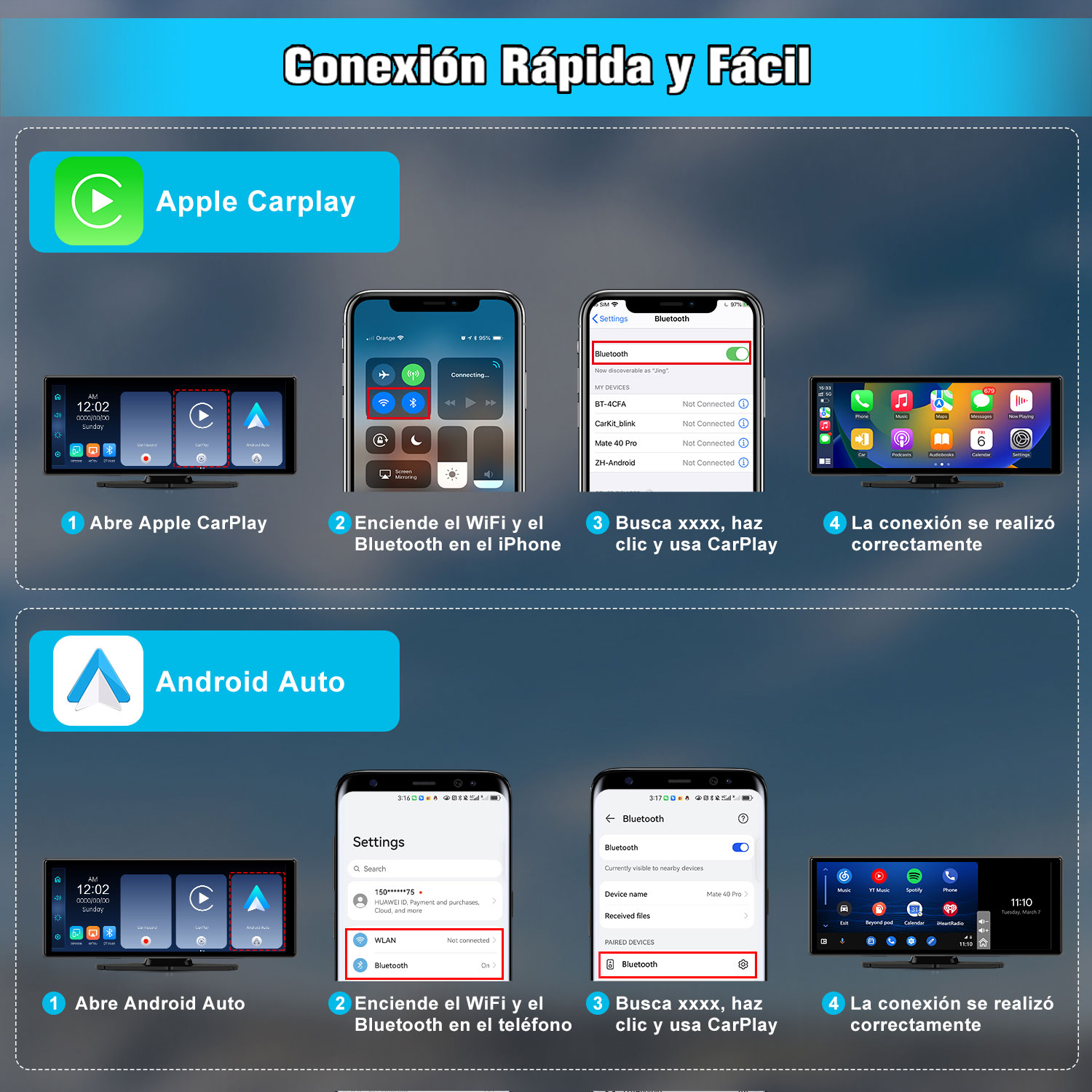 Diagrama que muestra los pasos para conectarse a Apple CarPlay y Android Auto. Incluye ilustraciones de teléfono y pantalla del automóvil.