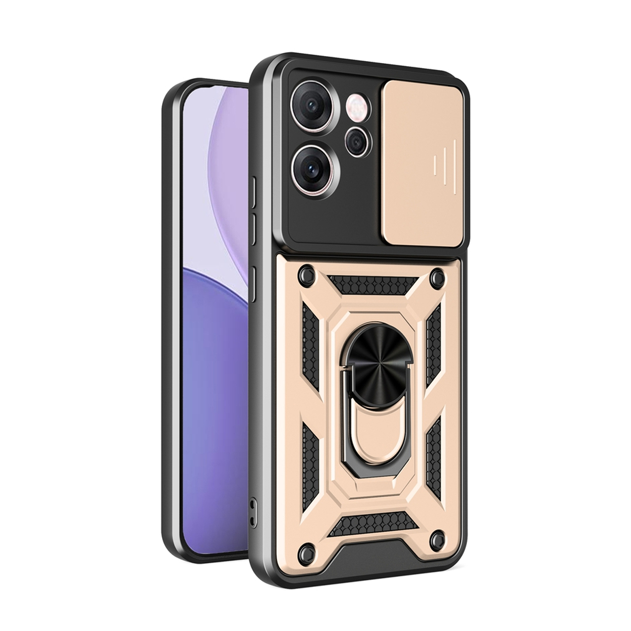 Een telefoonhoesje, zwart en goud, met camerabescherming en een ringhouder. Links is een telefoonscherm zichtbaar.