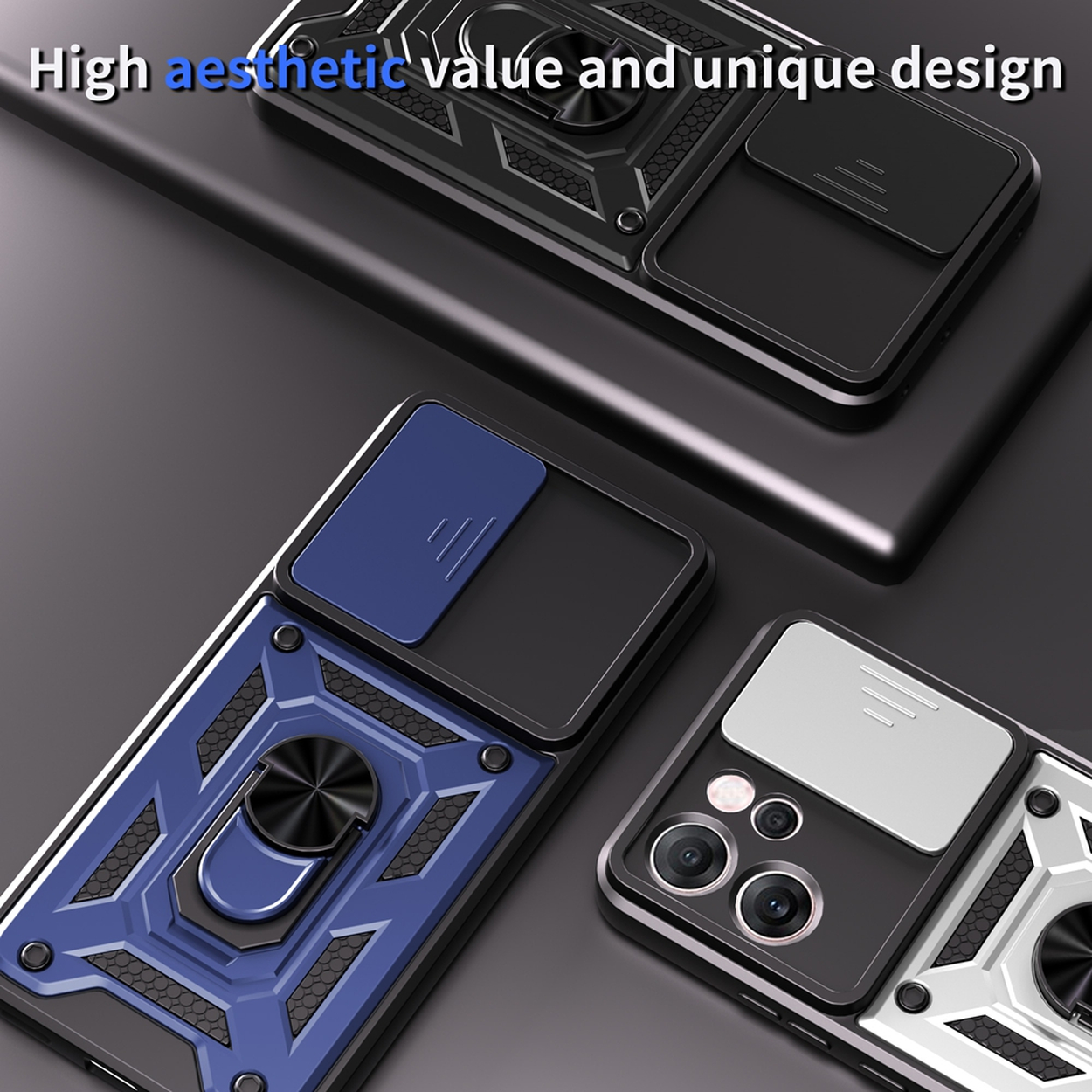 Coques de téléphone aux designs uniques. Coques bleues, noires et argentées avec cache-caméras et supports de bague, sur une surface sombre.