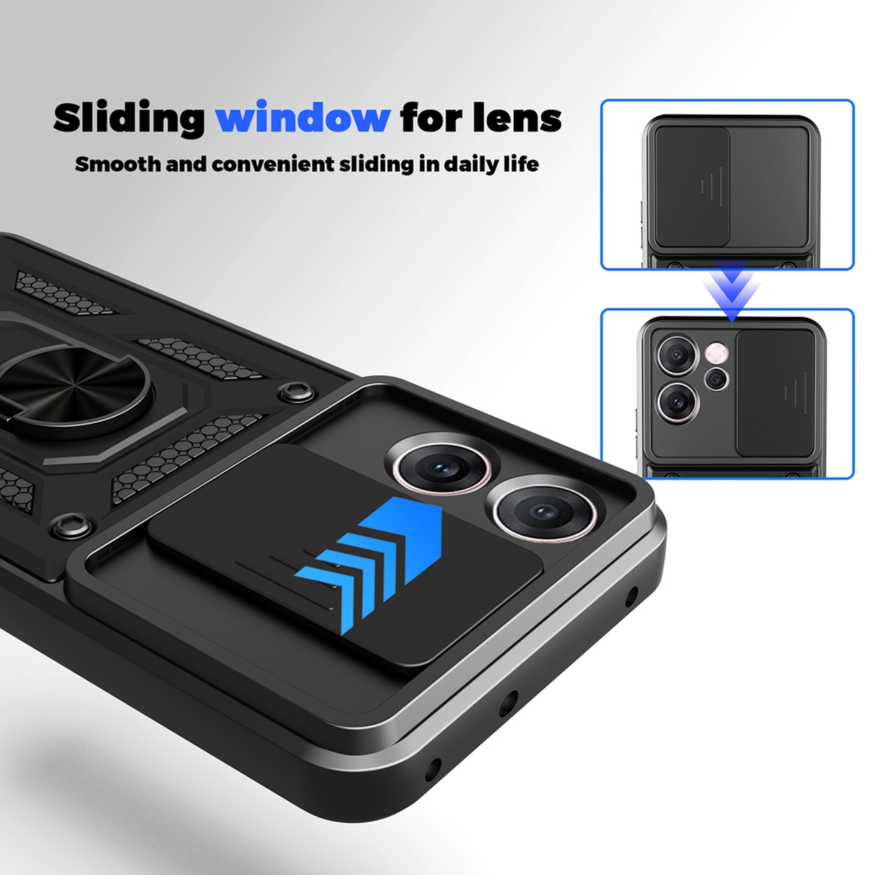 Coque de téléphone noire avec cache objectif coulissant et flèches bleues. Elle possède un support de bague et un bord argenté.