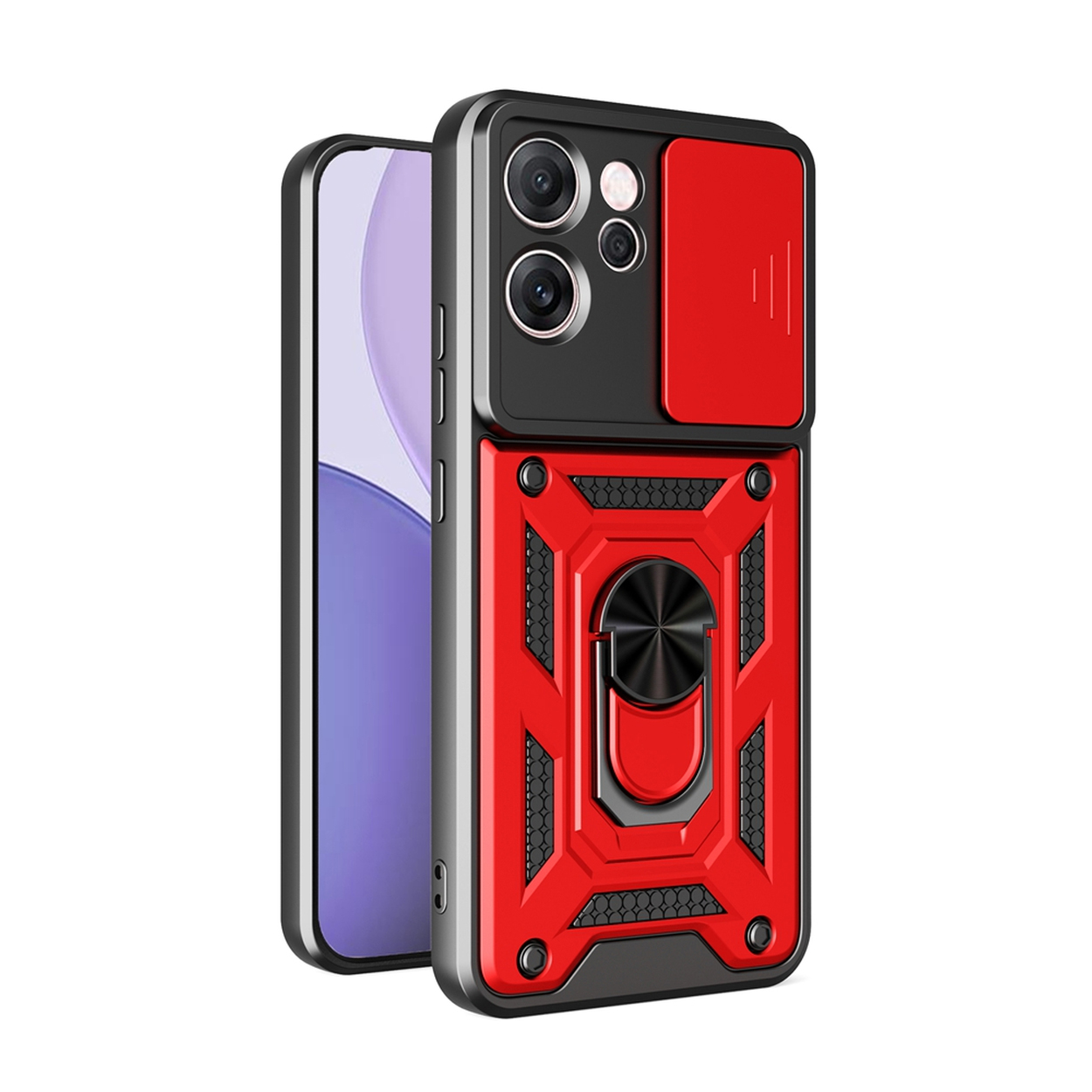 Een telefoonhoesje, zwart en rood, met een schuifbare camerabescherming en een ringhouder aan de achterkant.