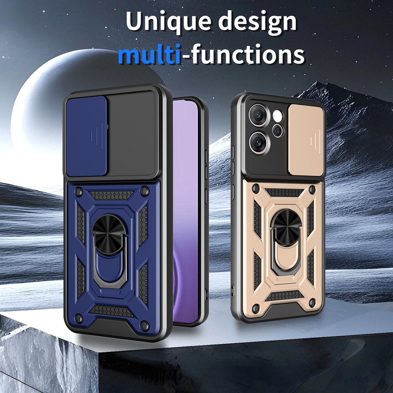Deux étuis de téléphone avec des designs uniques. Un bleu et noir, l'autre doré et noir. Les deux ont des supports d'anneau et des caches caméra.