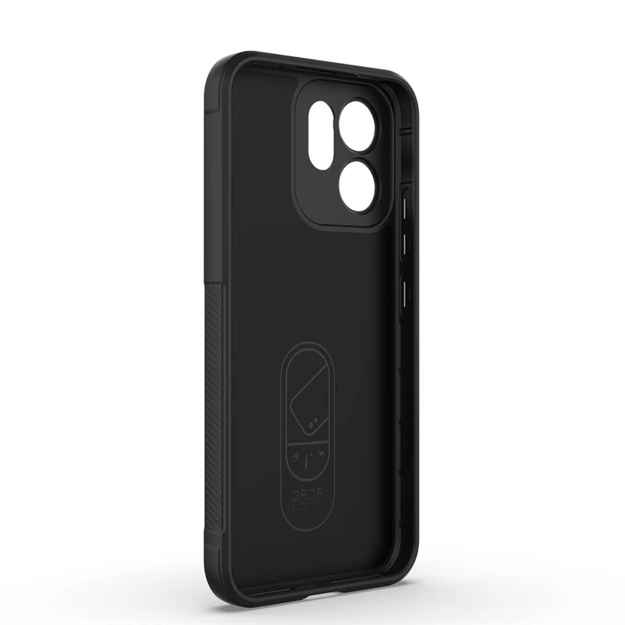 Zwarte telefoonhoes met camera-uitsparingen en een drop protection logo. De hoes heeft een getextureerde zijkant.