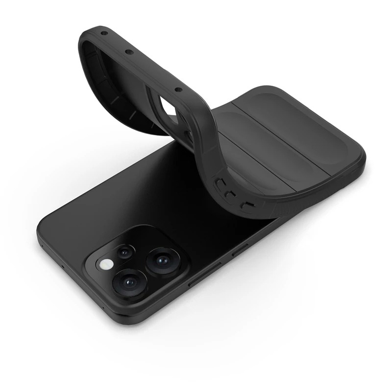 Zwarte telefoonhoes. Het bovenste deel is opgetild en onthult de cameralenzen van de telefoon. De achtergrond is wit.