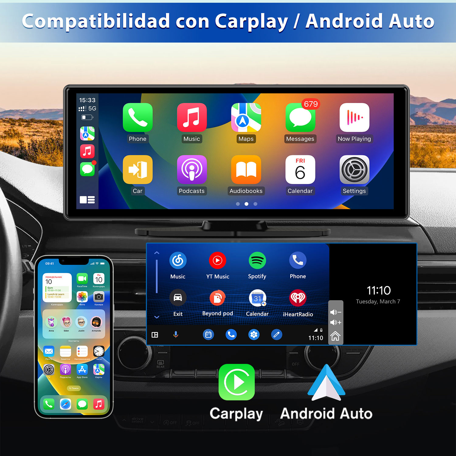 Interfaz de Carplay y Android Auto. Muestra información del coche con iconos de teléfono y aplicaciones. Un smartphone es visible a la izquierda.