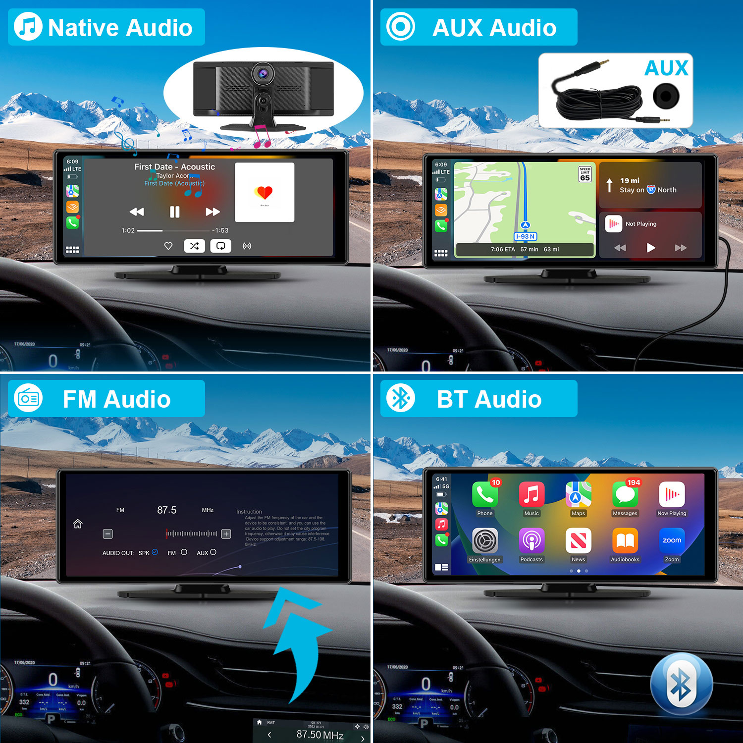 Panel del coche mostrando diferentes opciones de audio: nativo, AUX, FM y BT, mostrado en una pantalla con música o navegación.