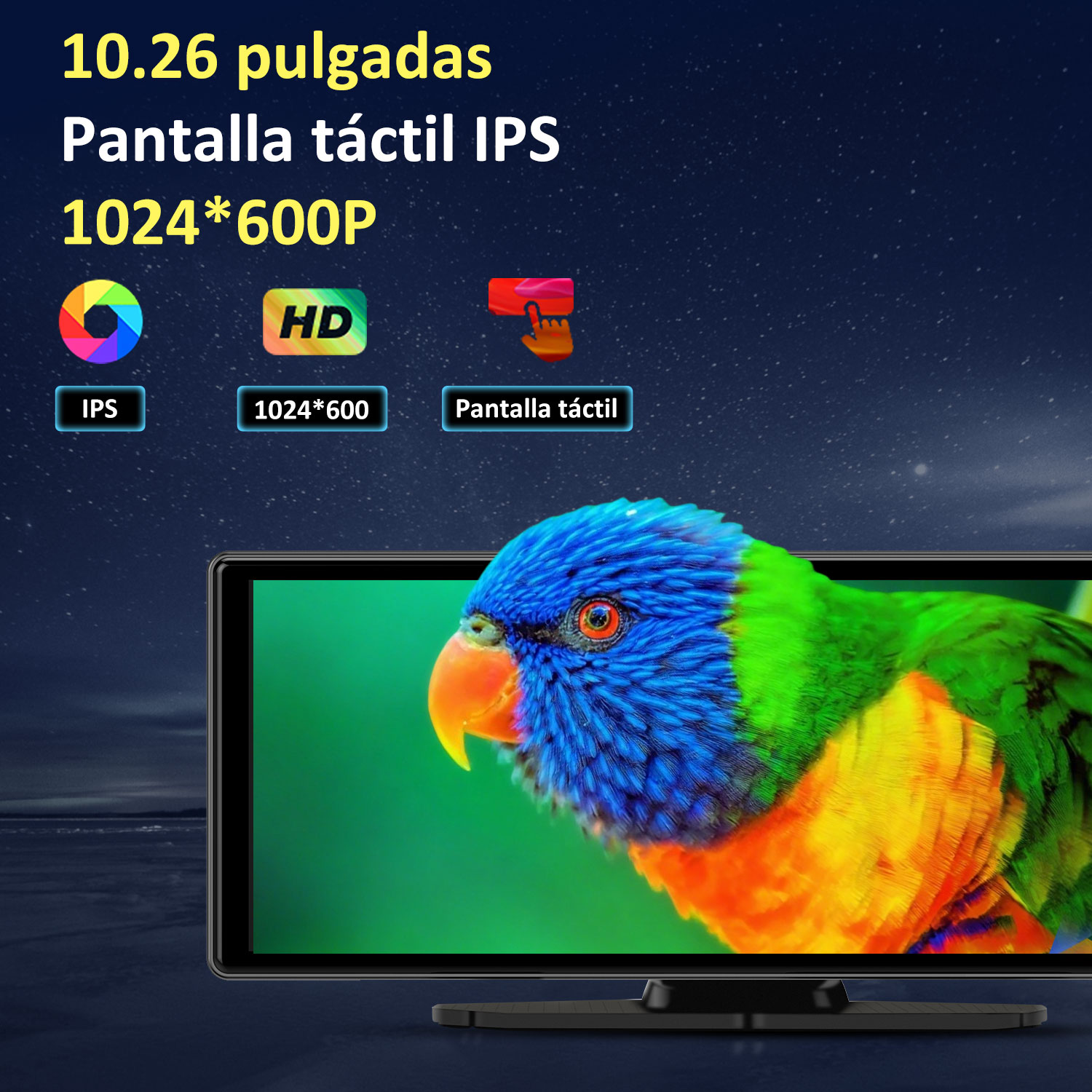 Una pantalla de tableta muestra un loro colorido. El texto describe características de la pantalla: 10,26 pulgadas, IPS, táctil y resolución 1024*600.