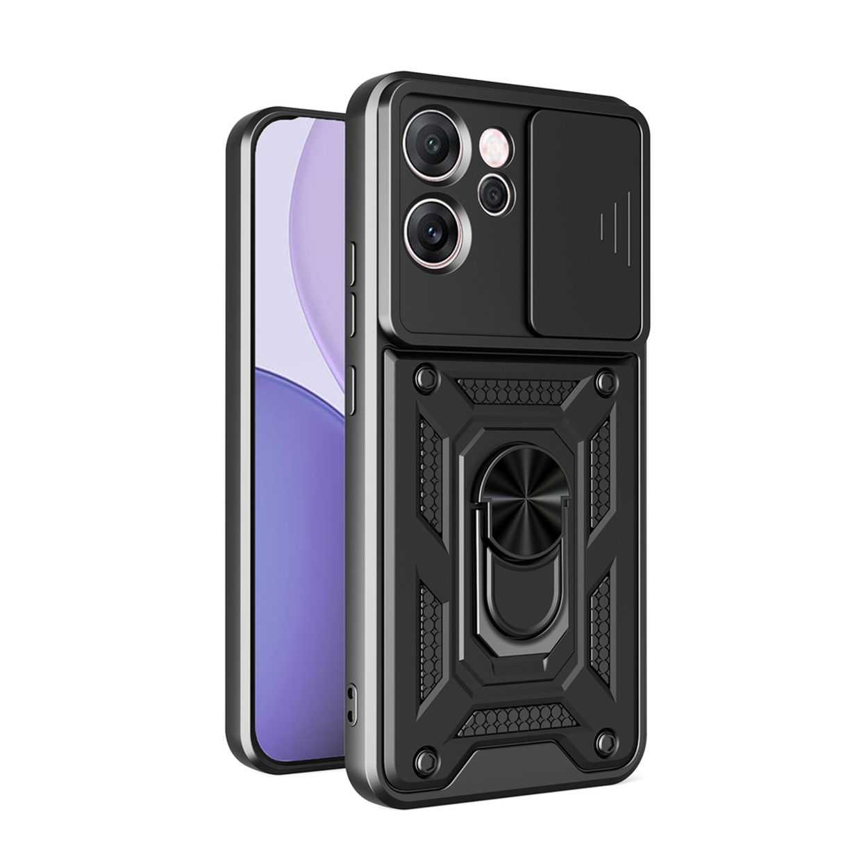 Een zwarte telefoonhoes met camerabeschermer en ringhouder wordt getoond. Het telefoonscherm toont een lichtpaarse kleur.
