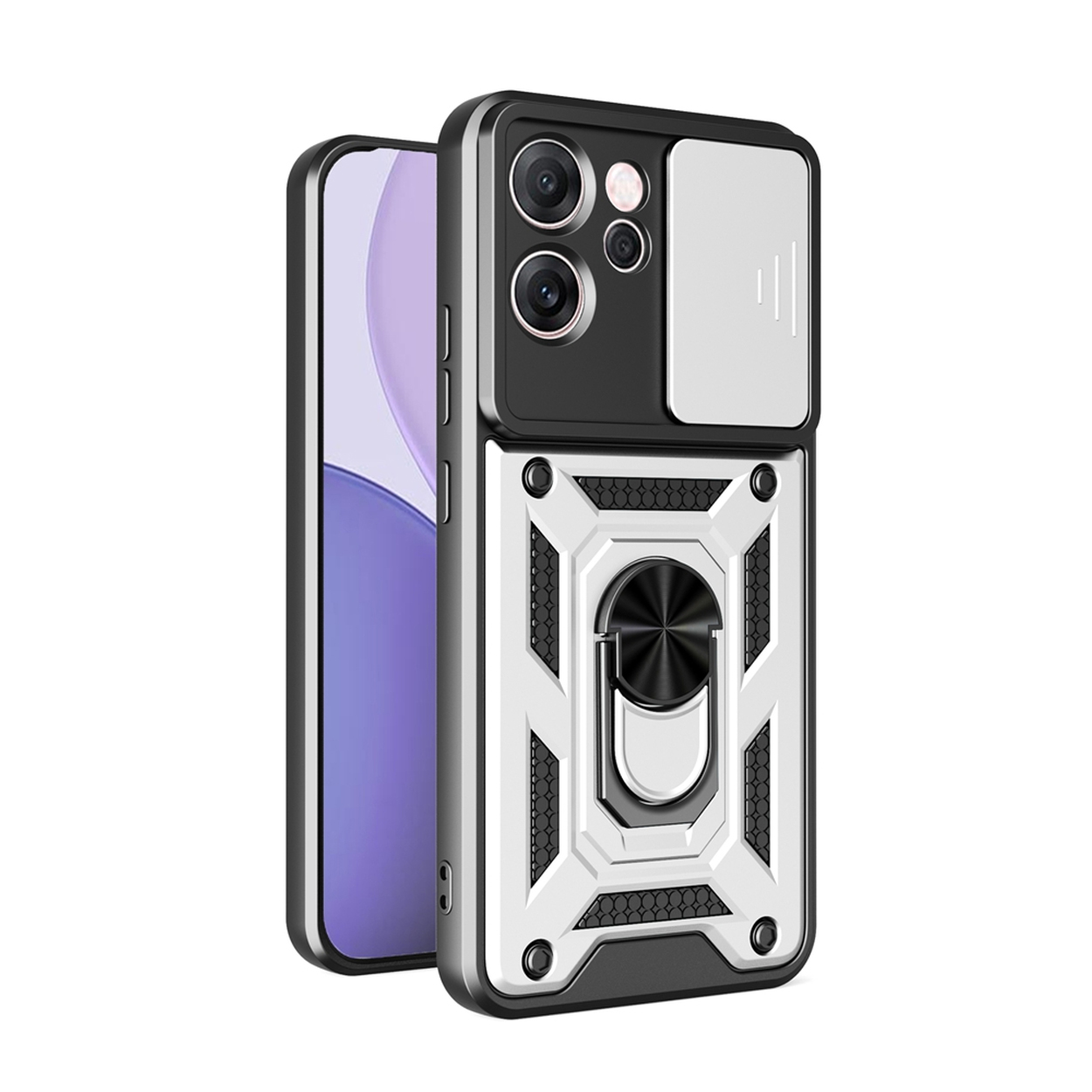 Un téléphone dans un étui noir et blanc. L'étui a un support de bague et un cache-caméra. L'écran du téléphone affiche un dégradé violet.