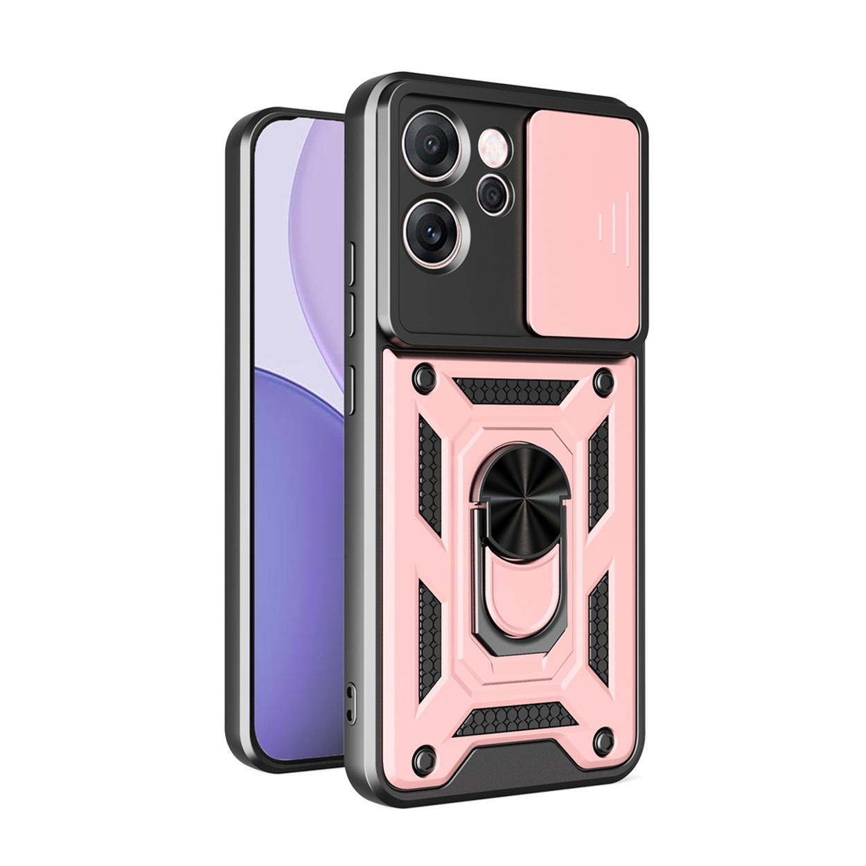 Een roze en zwarte telefoonhoes met een ringhouder. Het heeft camerabescherming en een telefoonscherm aan de linkerkant. Witte achtergrond.