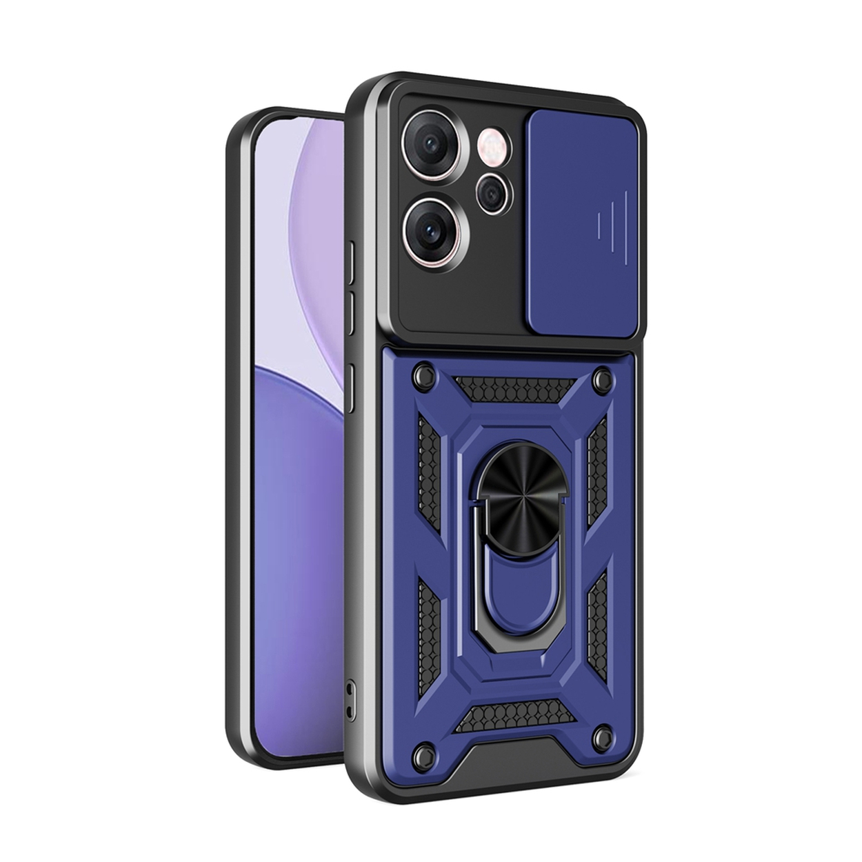 Een telefoonhoesje met een blauw en zwart ontwerp. Het heeft een ringhouder en een cameraklep. Het scherm is zichtbaar.