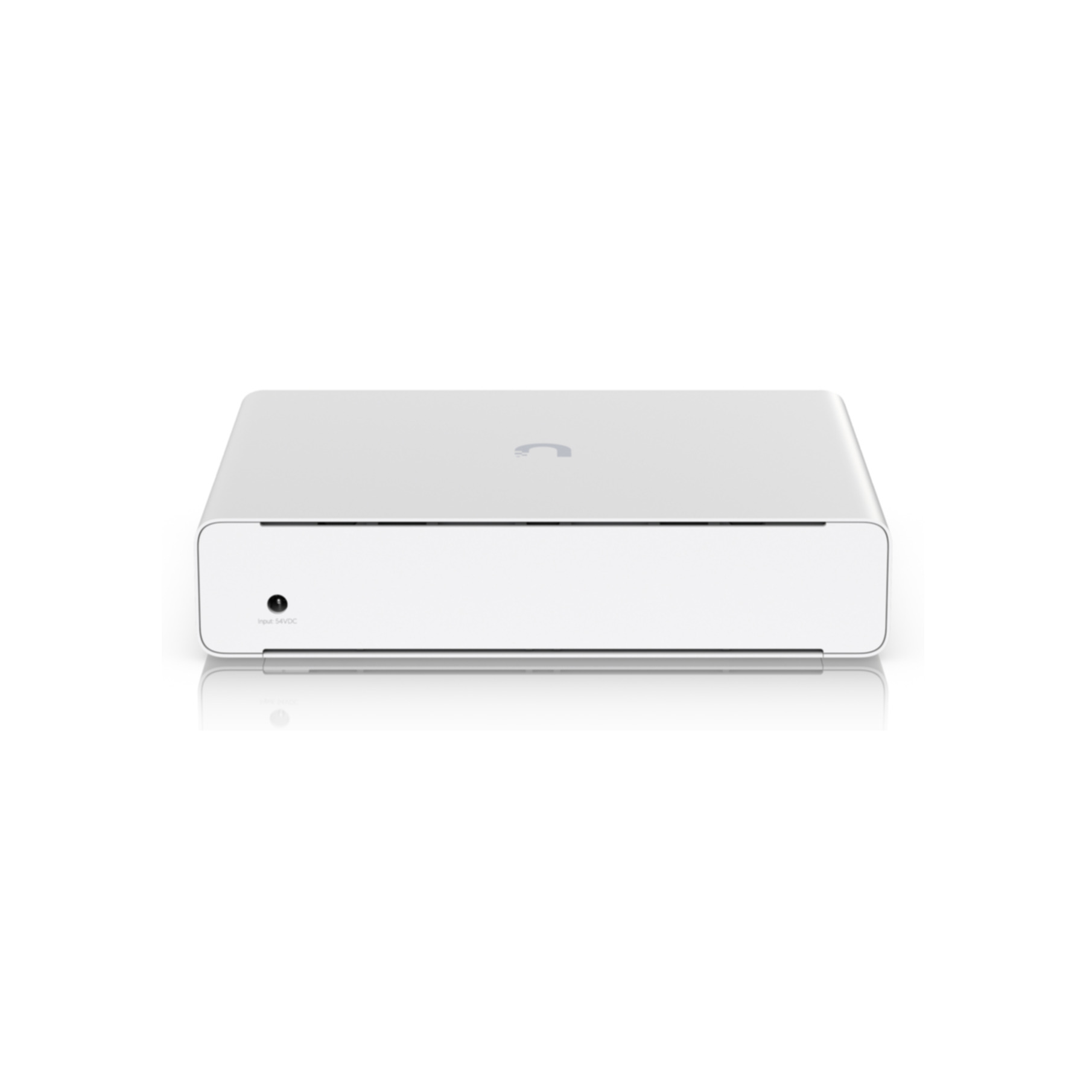 Un dispositivo rectangular blanco con un pequeño botón negro y un logotipo en la parte superior. Se refleja.