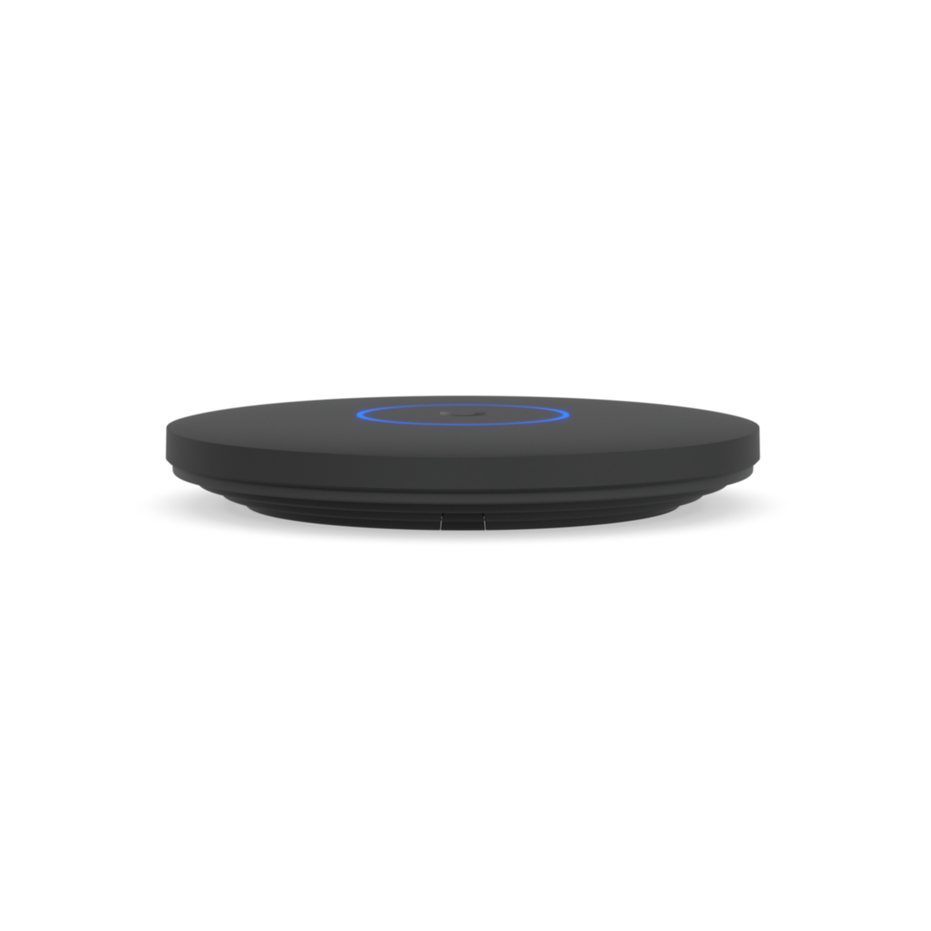 Un dispositivo nero e rotondo con una luce circolare blu. Lo sfondo è bianco.