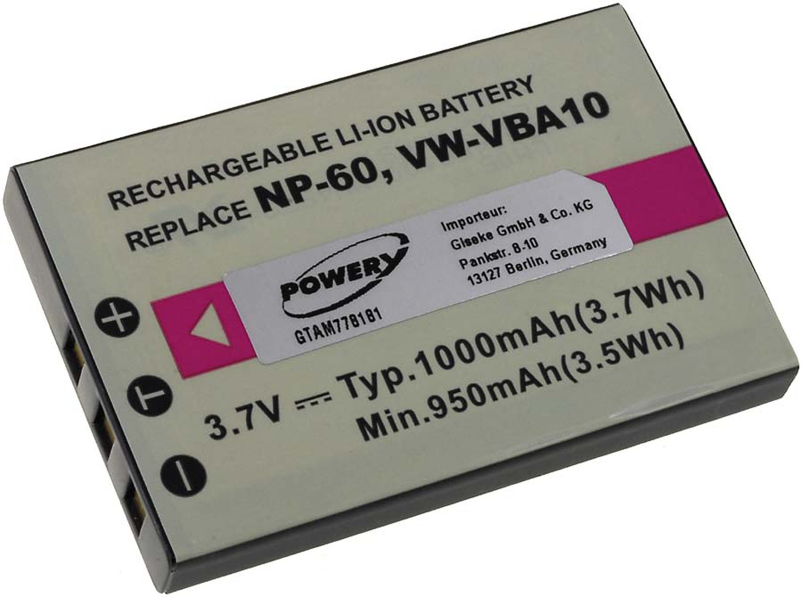 Una batería rectangular etiquetada como 'RECHARGEABLE LI-ION BATTERY', con texto, símbolos y una flecha rosa. Bordes negros y fondo blanco.
