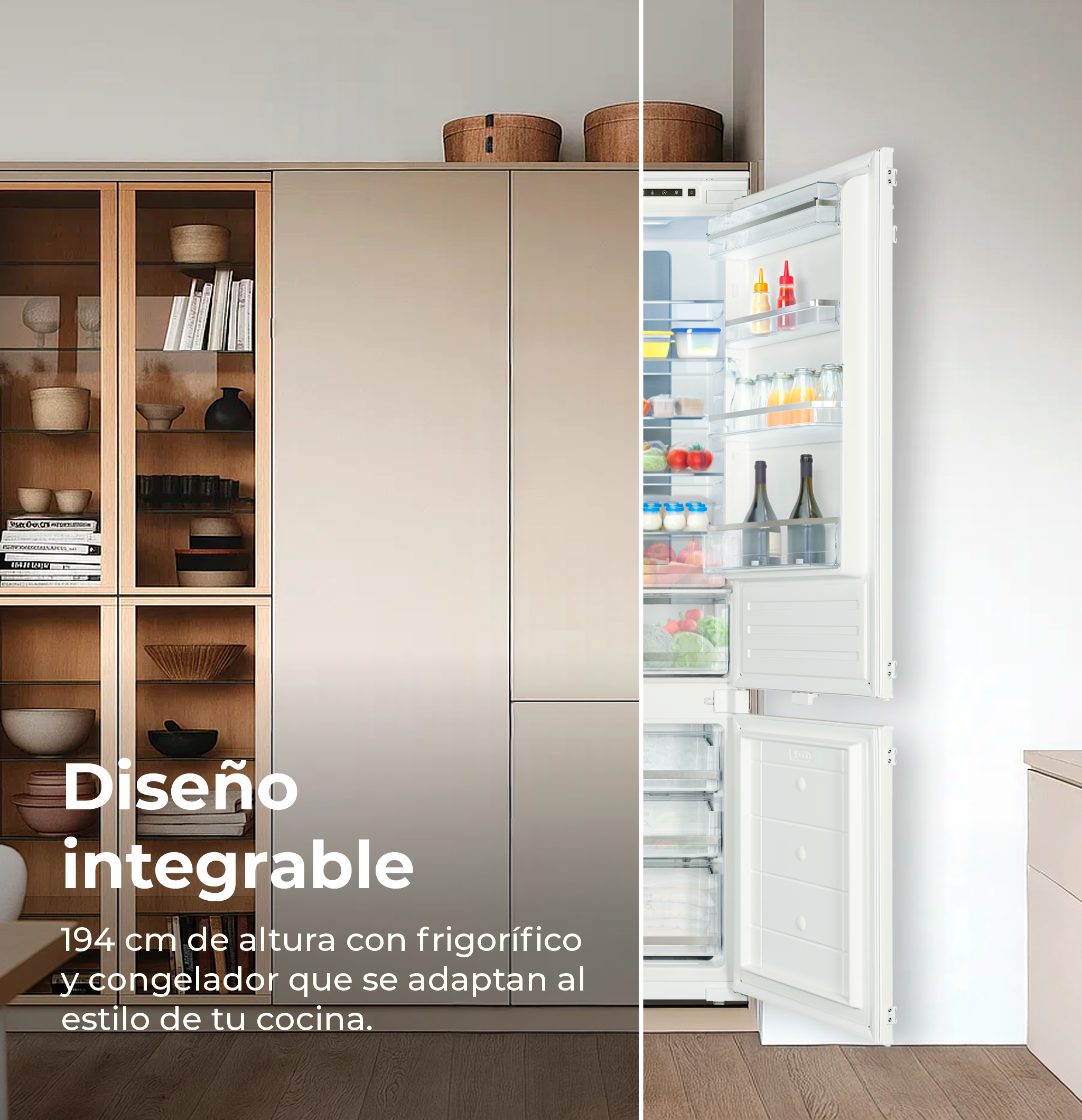 Diseño de cocina integrado. Frigorífico y congelador altos junto a un armario con platos y libros. Frigorífico abierto muestra comida.