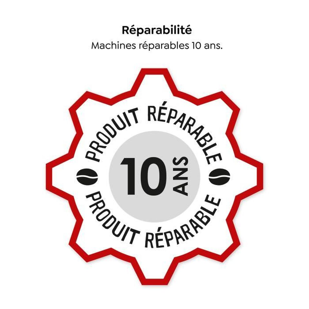 Czerwono-biała odznaka z napisem 'PRODUIT RÉPARABLE 10 ANS'. Tekst powyżej brzmi 'Réparabilité'. Tło jest białe.