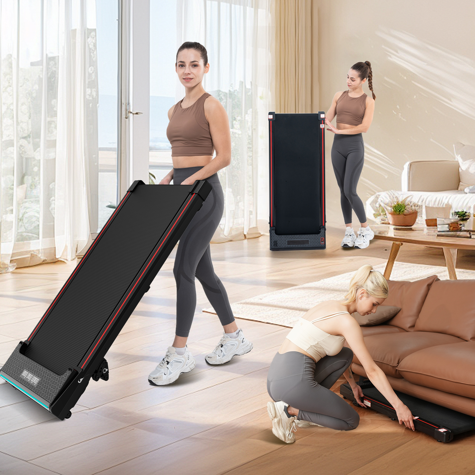 Trzy kobiety z bieżniami. Jedna ją niesie, druga stoi obok, a trzecia umieszcza ją pod kanapą. Jasny pokój.