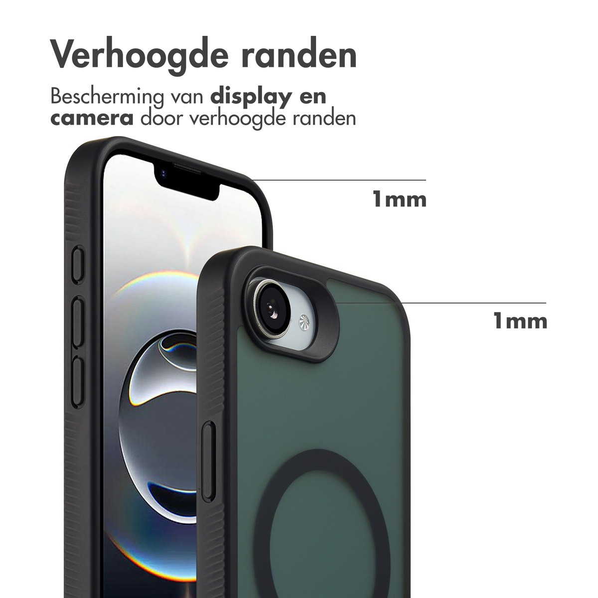 Primo piano di due smartphone, uno mostra lo schermo e i pulsanti laterali, l'altro una fotocamera con un bordo rialzato di 1 mm.