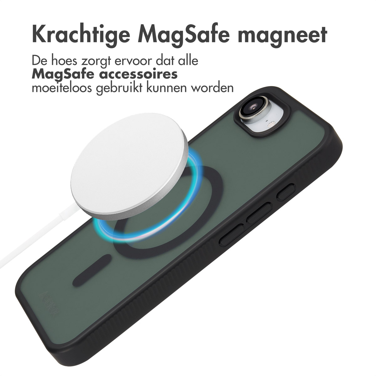 Un caricabatterie MagSafe bianco sospeso su una custodia verde per telefono con bordo nero. Testo: Krachtige MagSafe magneet.