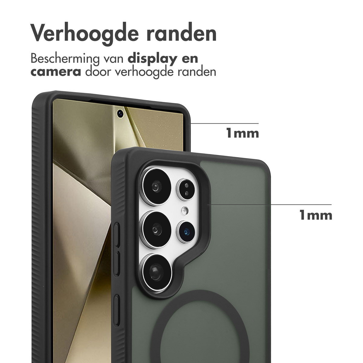 Detail van de telefoonhoes, met verhoogde randen. De hoes is zwart en olijfgroen. Er staat 'Verhoogde randen' en '1mm'.