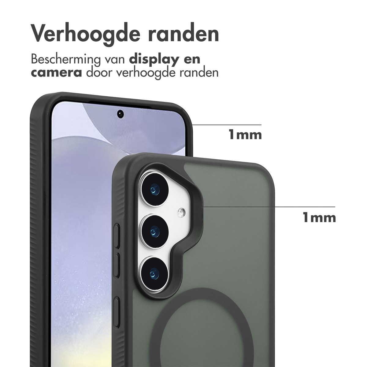 Un téléphone dans un étui avec des bords surélevés. L'étui a une découpe pour l'appareil photo et un bord surélevé de 1 mm.