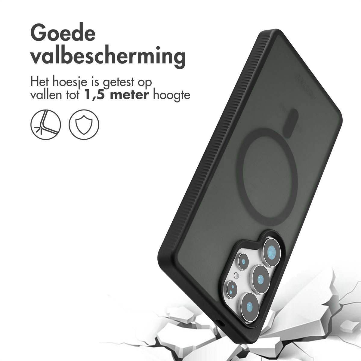 Er wordt een telefoonhoesje getoond, met de woorden 'Goede valbescherming'. De hoes is zwart en groen en toont een telefoon en gebroken grond.