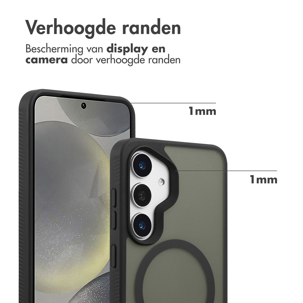 L'immagine mostra una custodia con bordi rialzati. La custodia protegge il display e la fotocamera. Sono indicate misure di 1 mm.