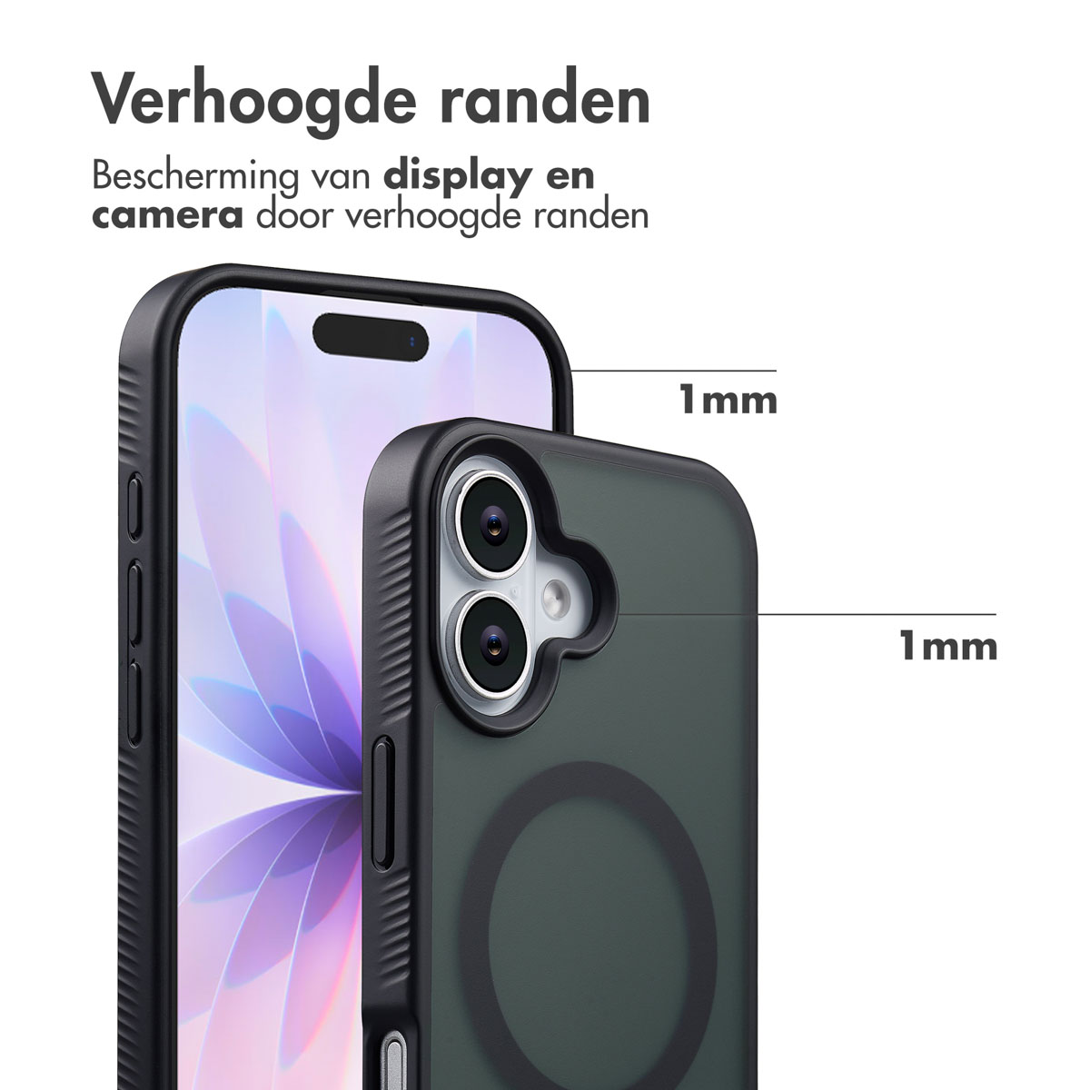 Gros plan d'un téléphone dans un étui. L'étui a des bords surélevés pour protéger l'écran et la caméra. Le texte indique une bordure de 1 mm.