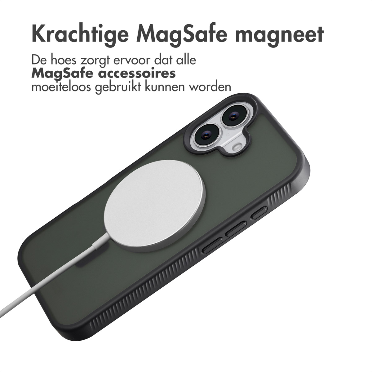 Un téléphone avec un chargeur MagSafe attaché. Le téléphone est vert foncé avec une bordure noire. Le chargeur est blanc et connecté par câble.