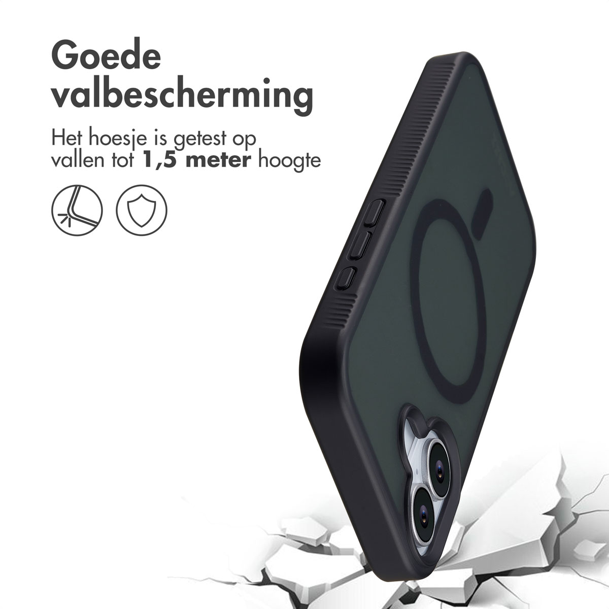 Un étui de téléphone est montré, incliné vers le bas. Texte en néerlandais : 'Bonne protection contre les chutes'. L'étui est noir et a un anneau noir.