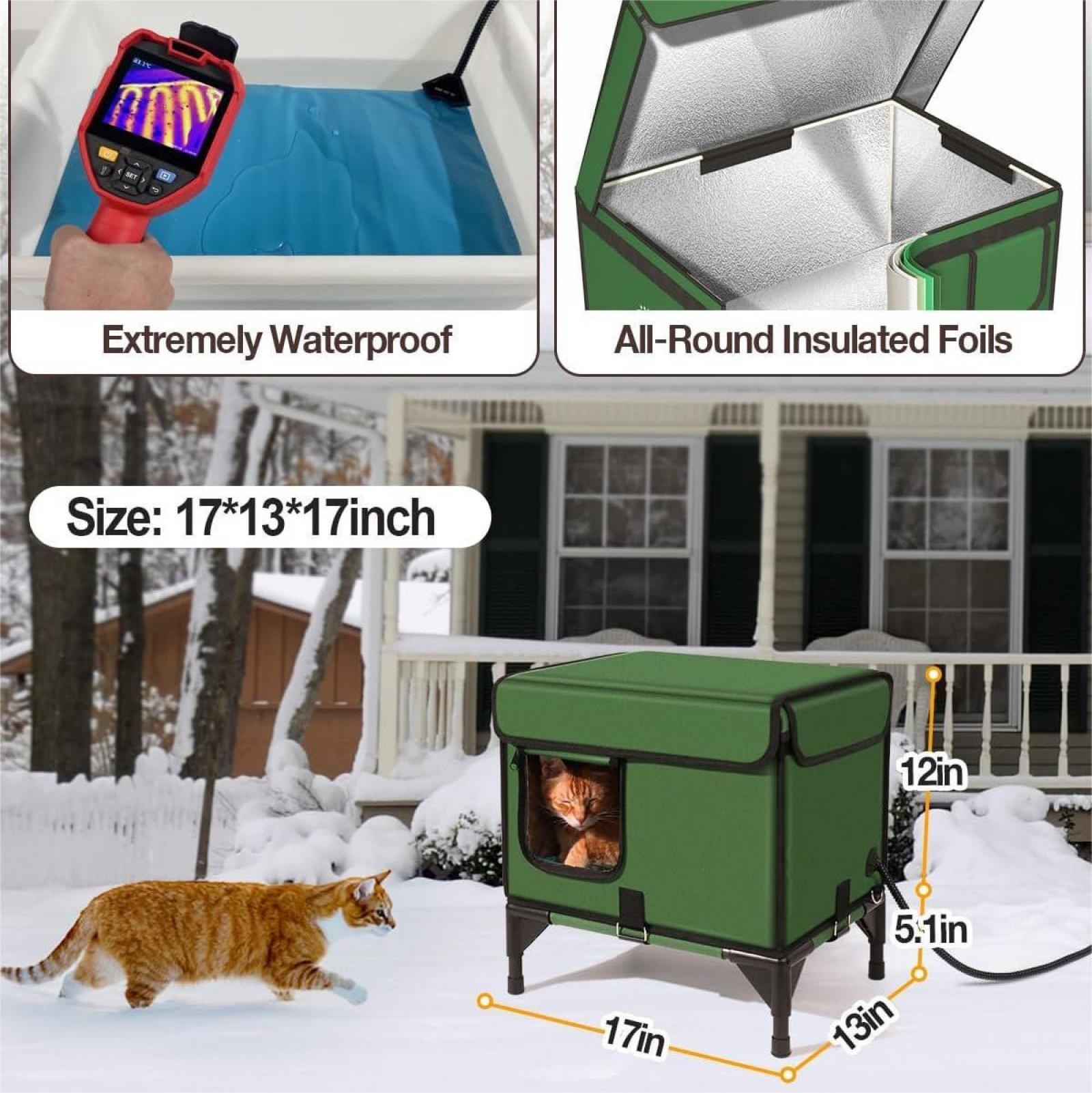 Ein grünes Katzenhaus im Schnee. Eine orangefarbene Katze läuft vorbei. Die Hausmaße werden angezeigt. Es gibt Texte, die wasserdicht sagen.