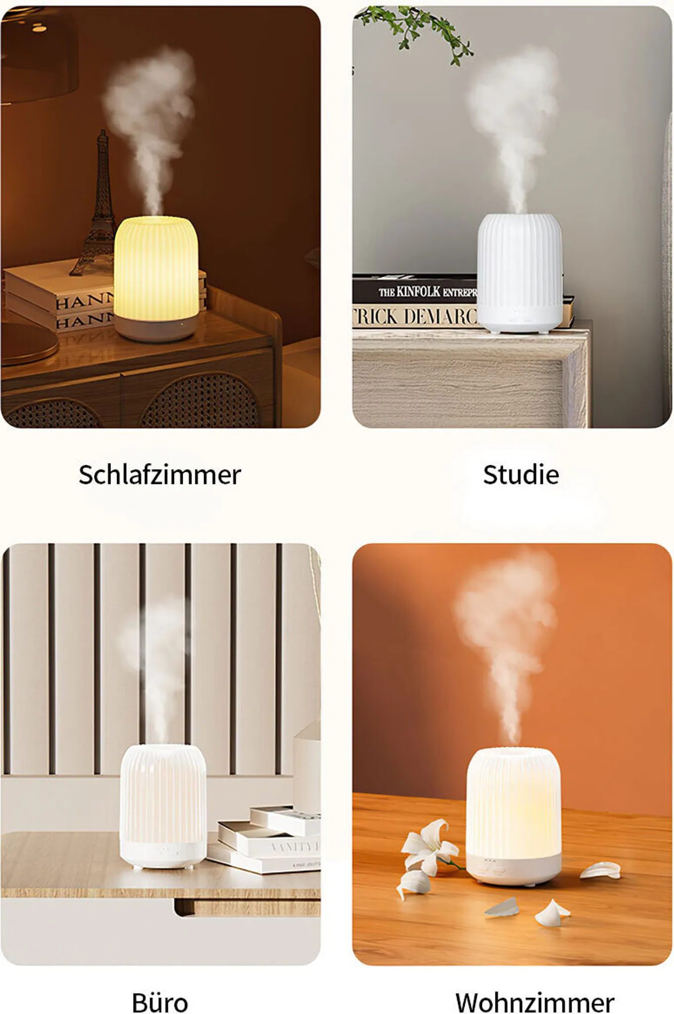 Vier Bilder, die einen Luftbefeuchter in verschiedenen Umgebungen zeigen: Schlafzimmer, Arbeitszimmer, Büro und Wohnzimmer. Jeder gibt Dampf ab.