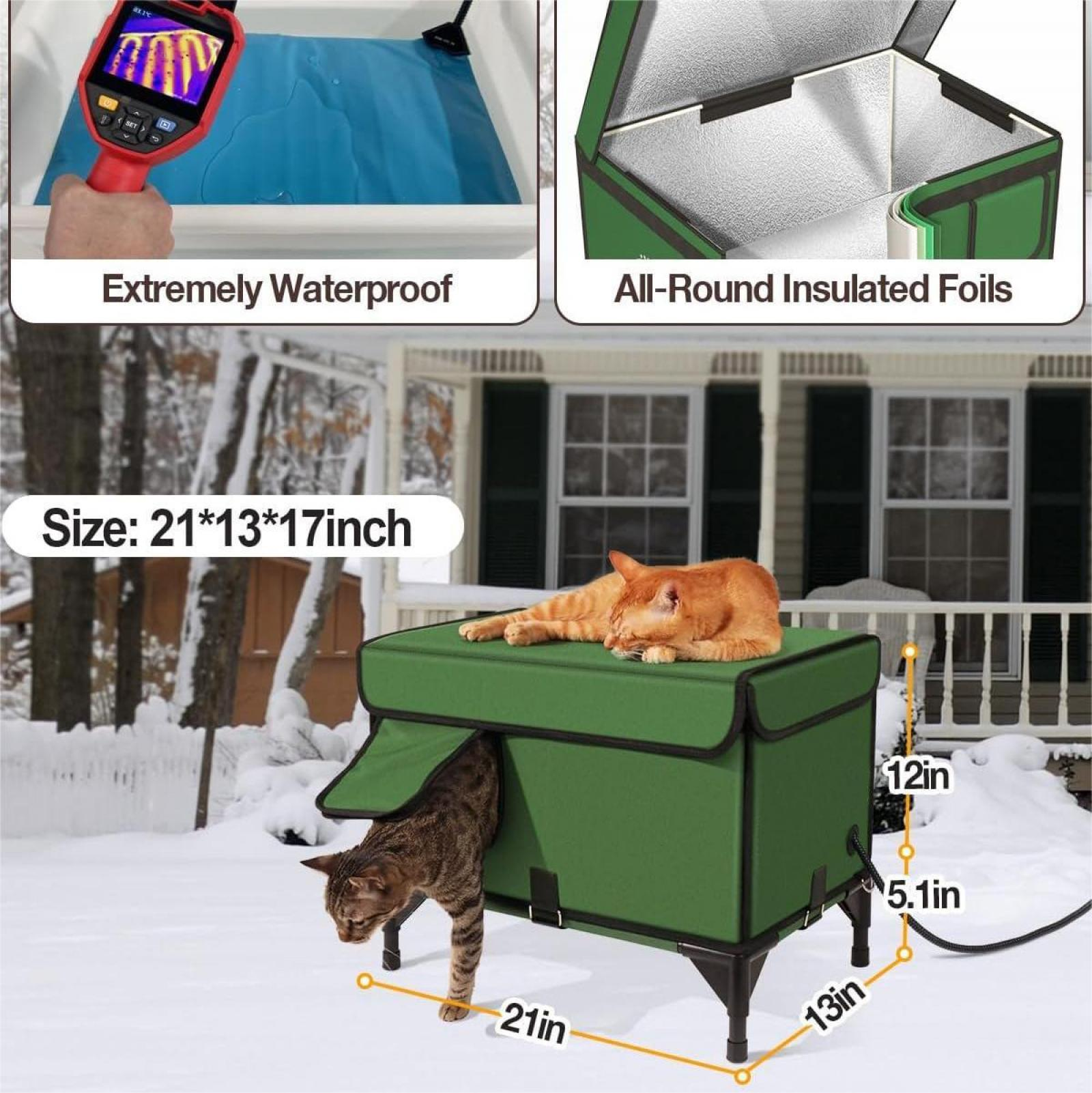Ein grünes Katzenhaus mit Katzen, mit angegebenen Abmessungen. Schnee im Hintergrund, ein Haus sichtbar.