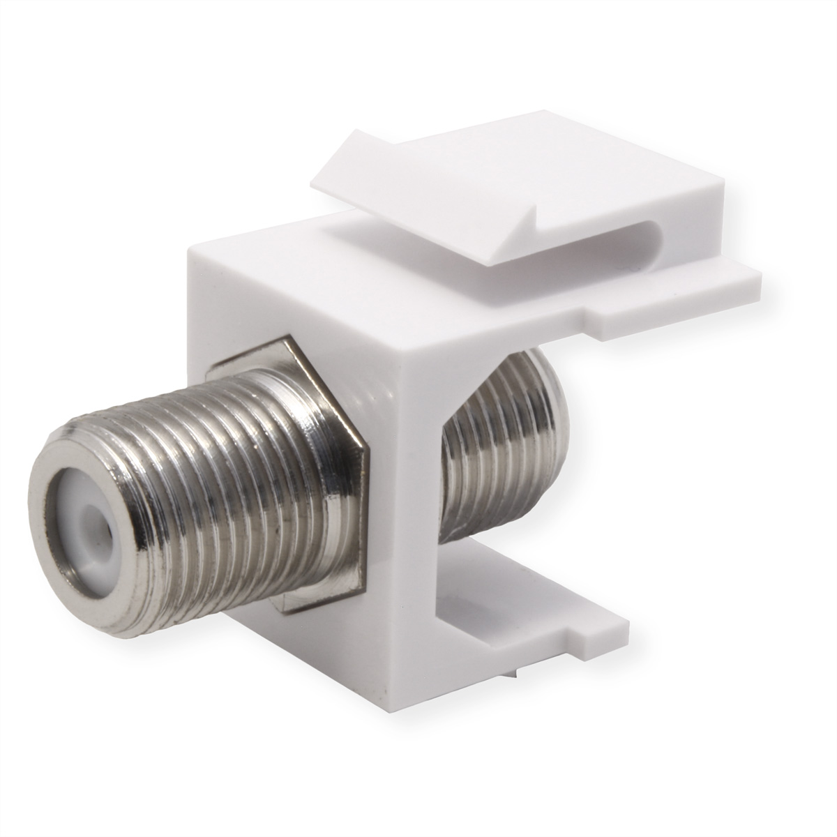 Ein weißer F-Stecker mit einem silbernen Metallanschluss. Er hat ein weißes Kunststoffgehäuse mit einer Verriegelung.