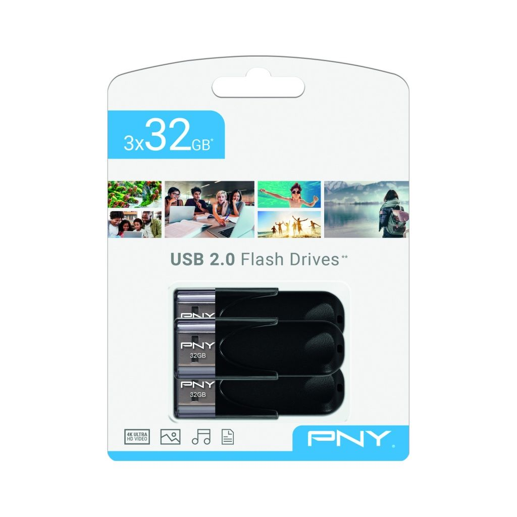Paquet de trois clés USB 2.0 PNY 32 Go noires. L'emballage contient des images et du texte, dont '4K Ultra HD Video'.