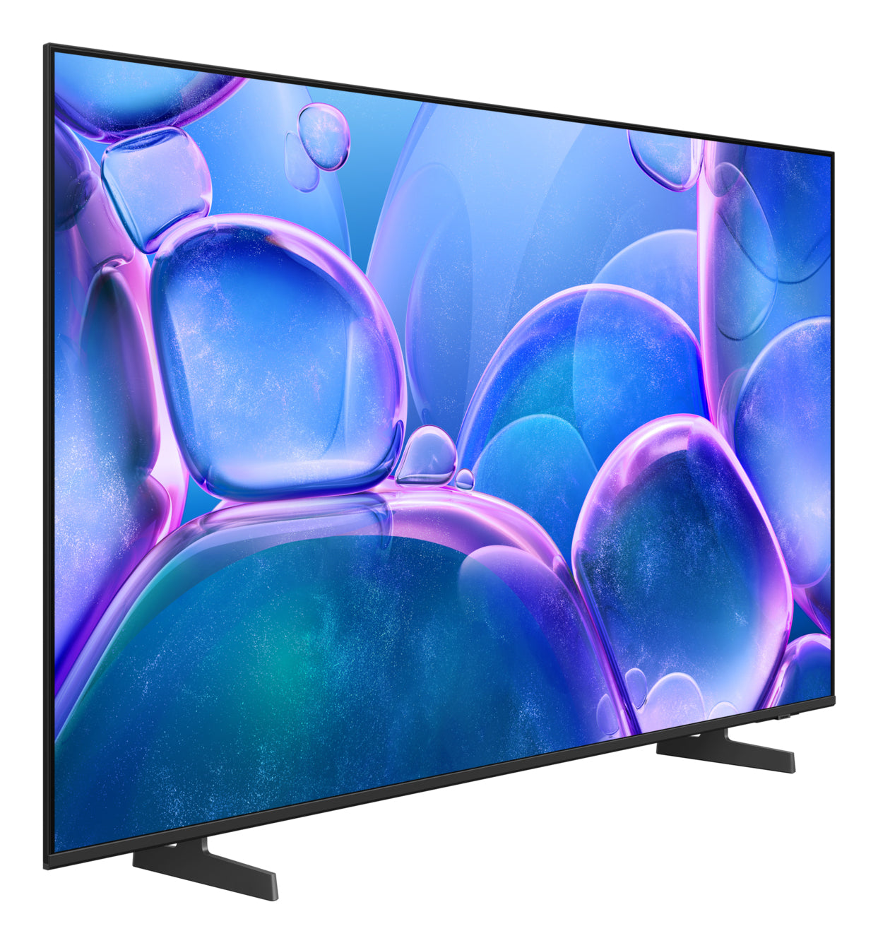Una grande TV a schermo piatto mostra un design astratto vibrante di forme blu e viola a bolla su uno sfondo azzurro.