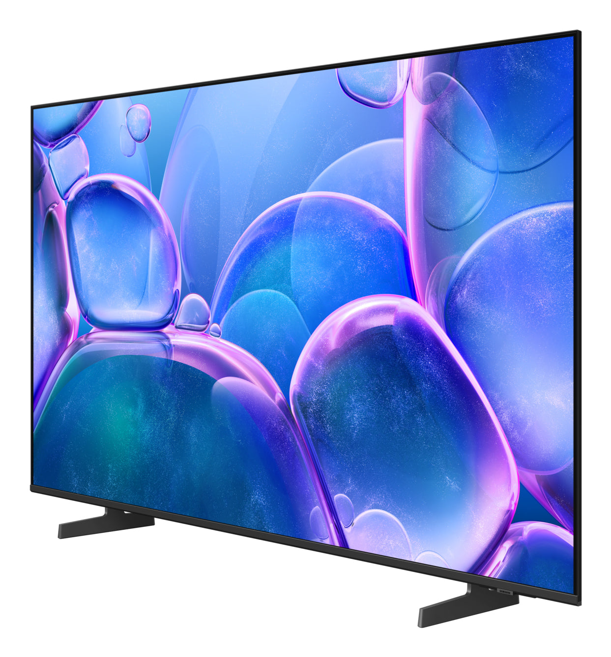 Un grande televisore a schermo piatto mostra un'immagine astratta blu e viola. Il televisore è nero e poggia su due gambe nere.
