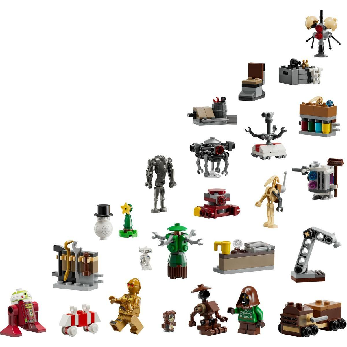 Colección de figuras y construcciones Lego Star Wars, incluyendo droides, personajes y vehículos. Varios colores y tamaños.