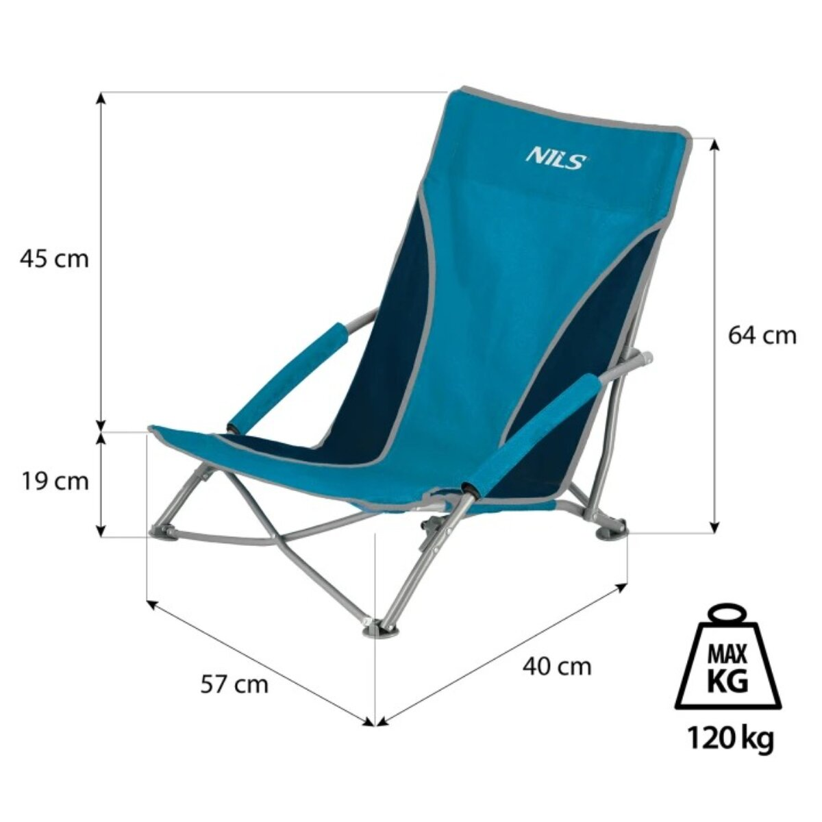 A blue and gray NILS folding chair with dimensions. It has a max weight of 120 kg. Measurements are indicated in cm.