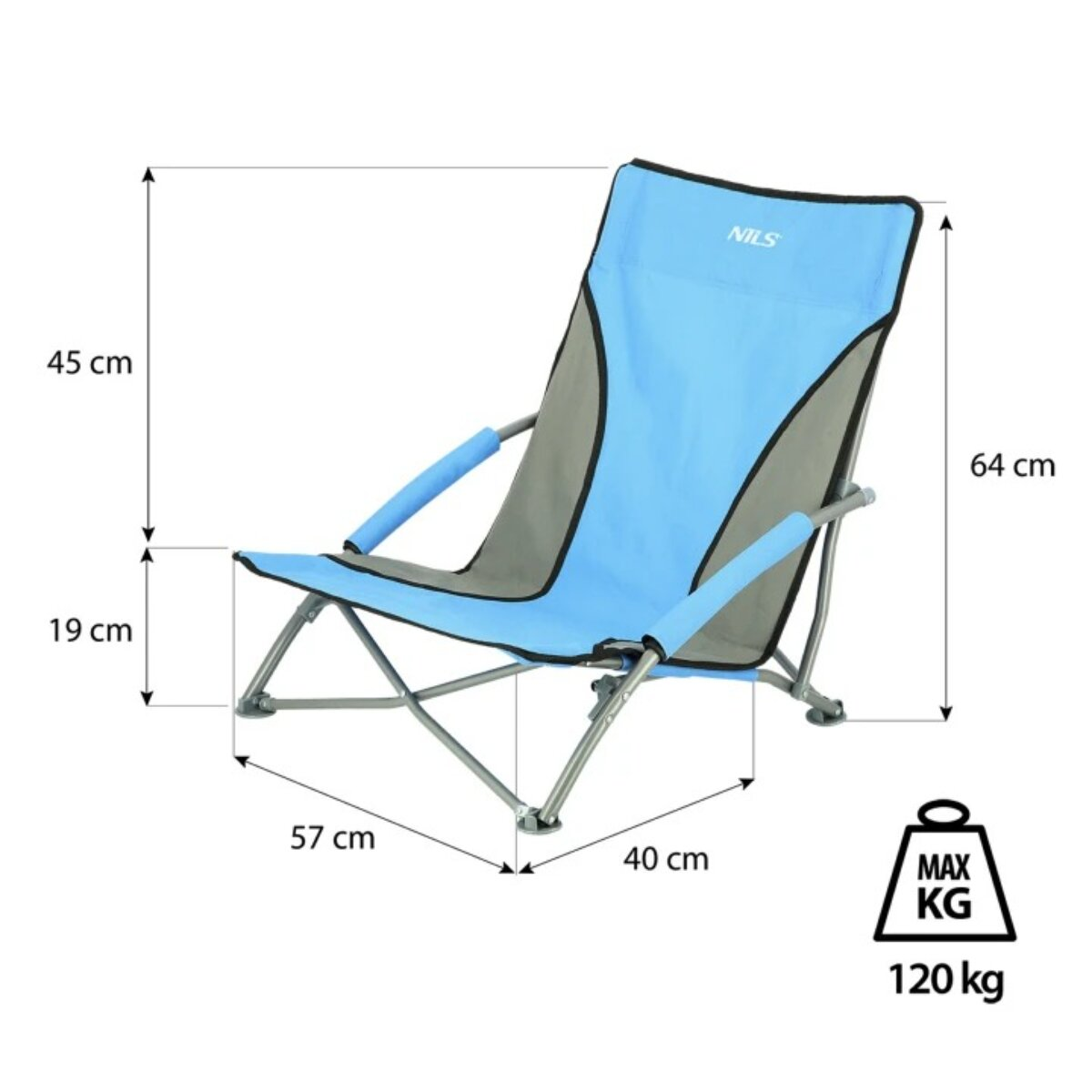Ein blau-grauer Klapp-Strandstuhl mit Maßangaben. Maximale Gewichtskapazität beträgt 120 kg.