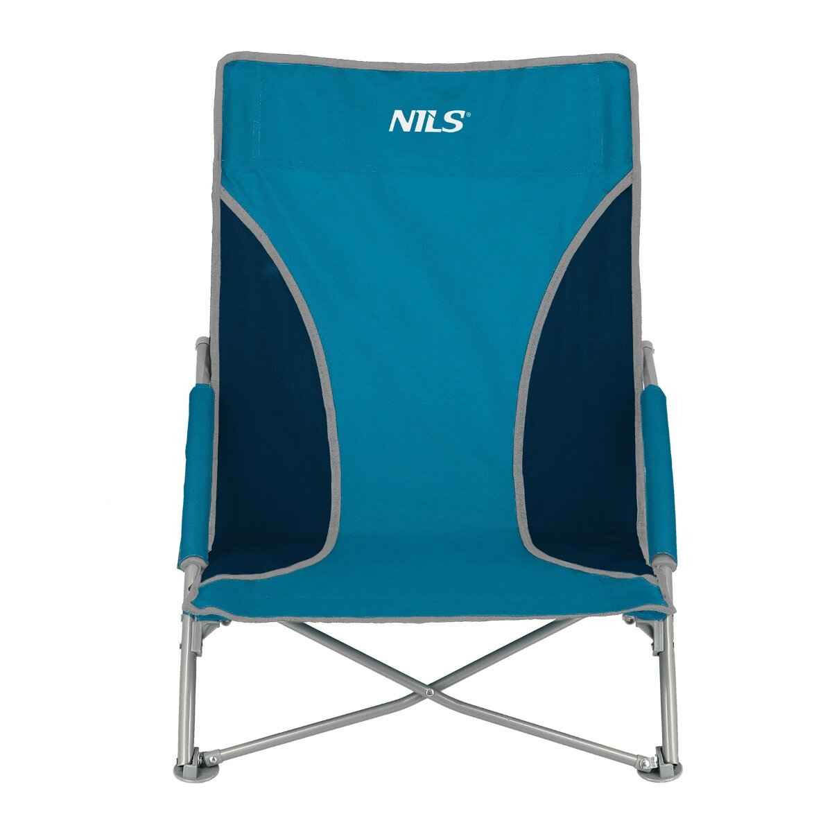 A blue and gray folding chair. The brand name NILS is printed at the top. The frame is silver. The chair is on a white background.