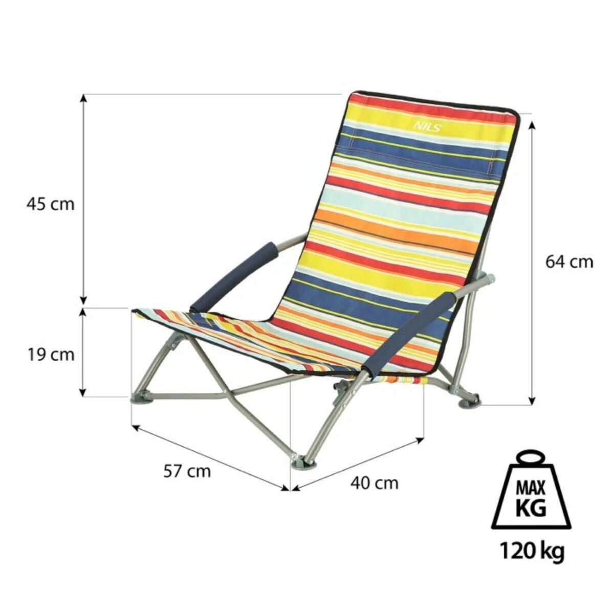 Ein gestreifter Strandstuhl mit Armlehnen. Die Abmessungen sind beschriftet: 45 cm, 19 cm, 64 cm, 57 cm und 40 cm. Max. Gewicht 120 kg.