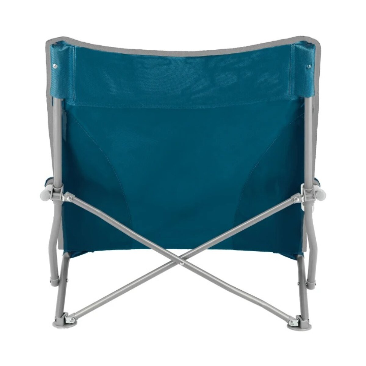 A teal folding chair is shown from the back. It has a gray frame and a teal fabric seat. The chair is on a white background.