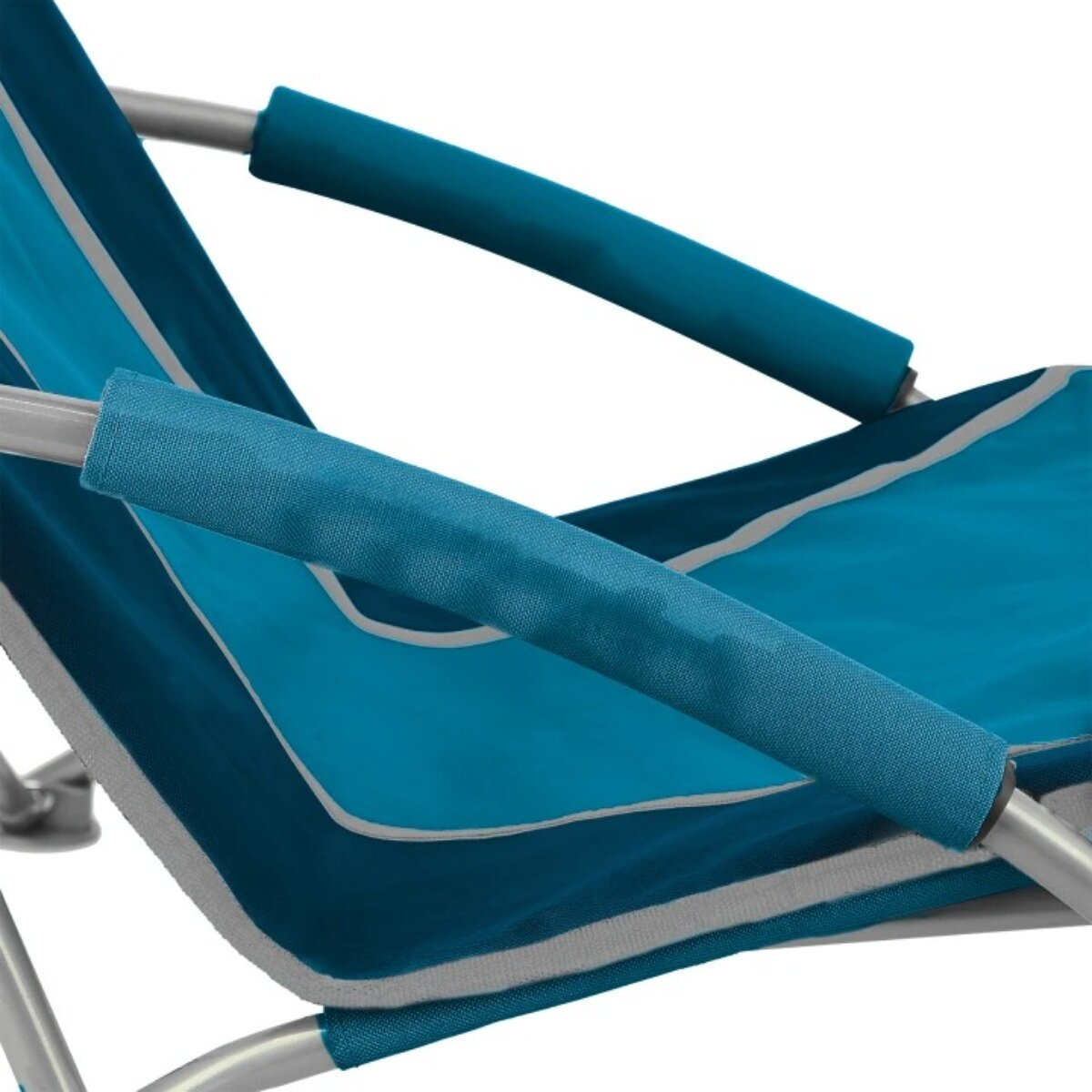 Close-up of a teal and blue folding chair. Padded armrests and metal frame are visible. The chair is partially open.