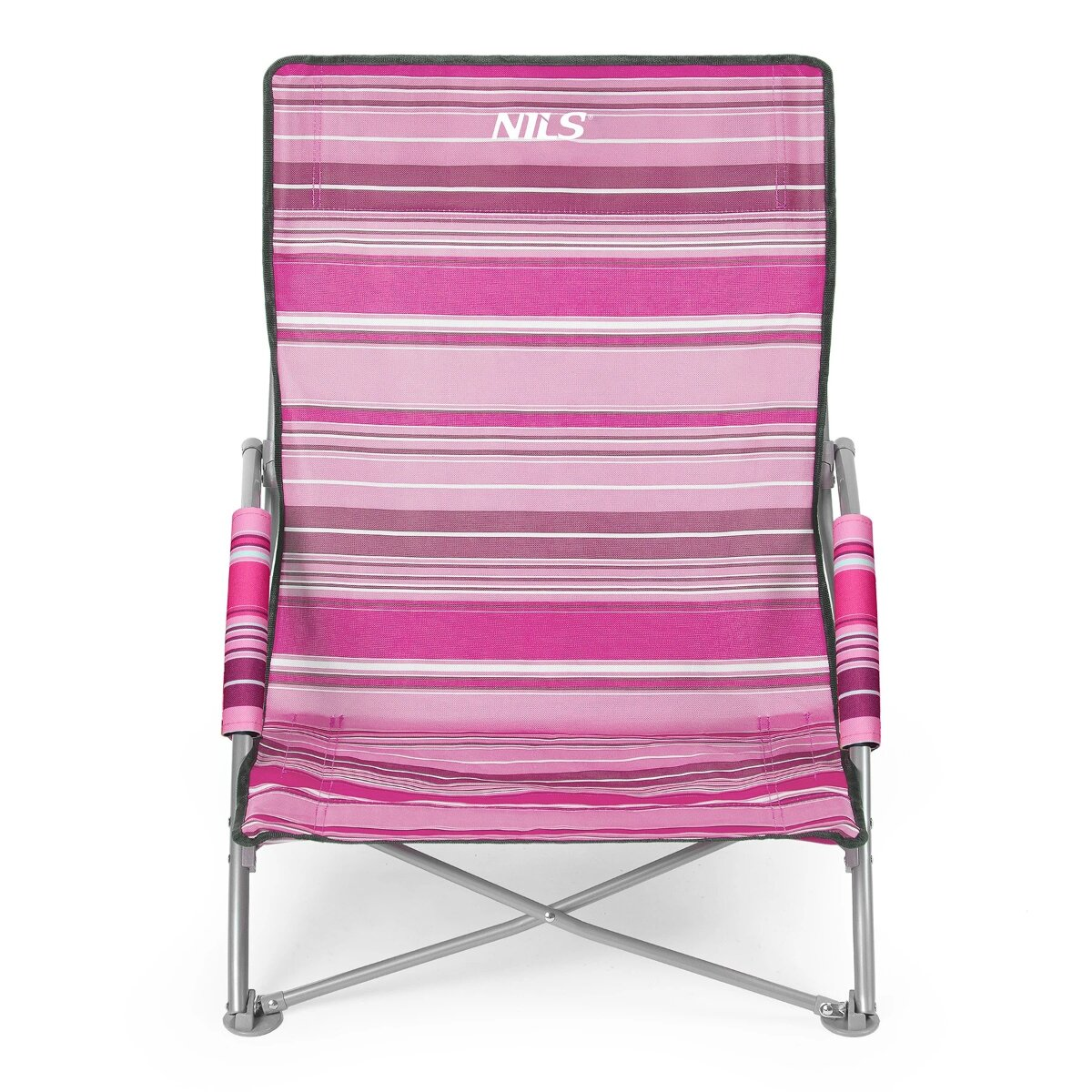 A pink striped folding chair with a metal frame. The brand name 'NILS' is at the top. The background is white.