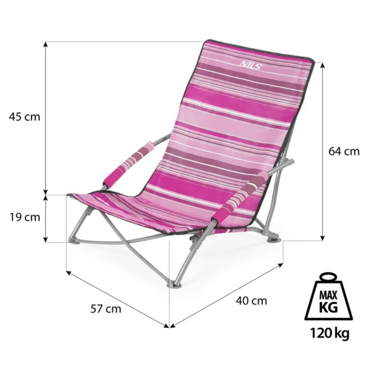 A pink striped beach chair with measurements. It has a metal frame and a maximum weight capacity of 120 kg.