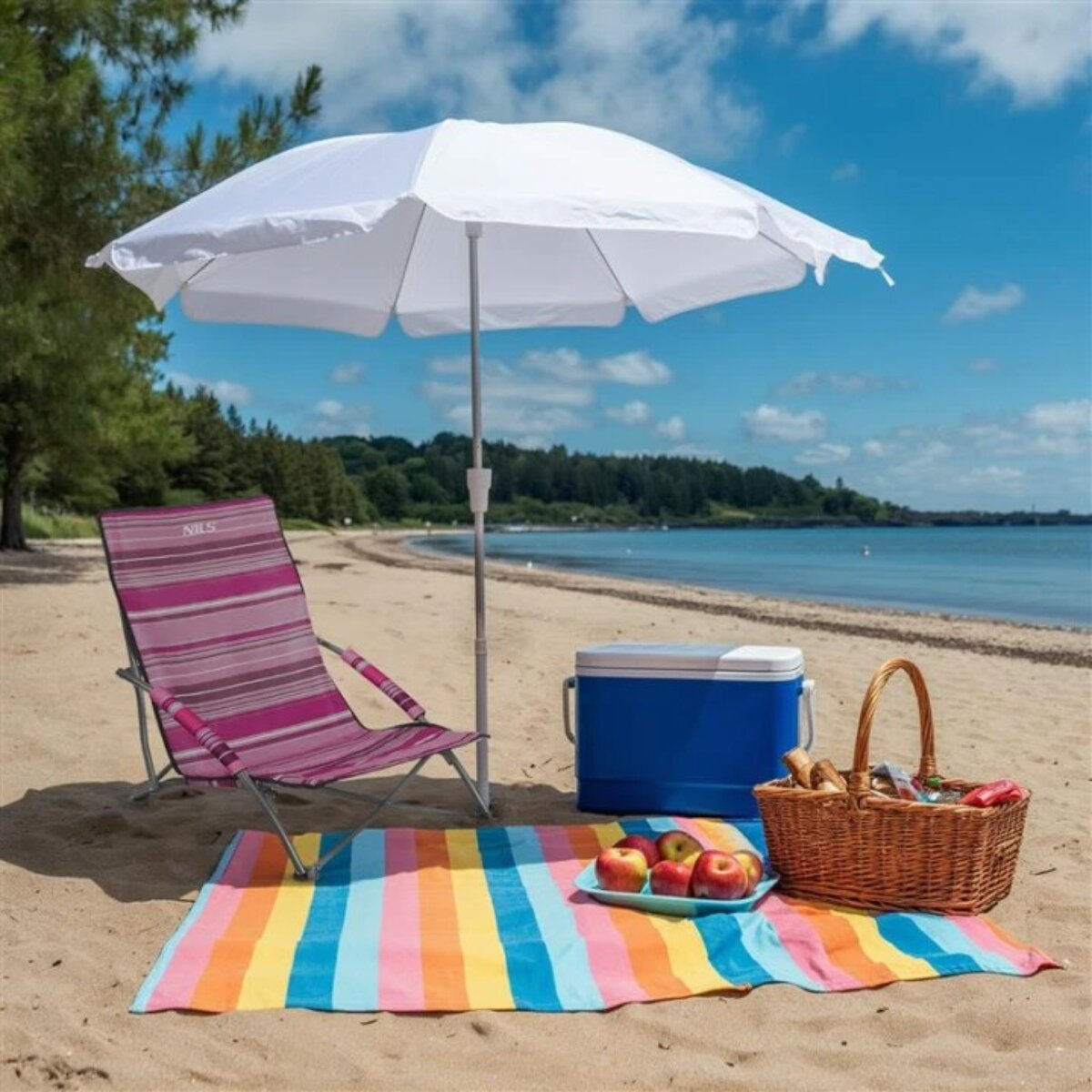 Beach scene with chair, umbrella, cooler, picnic basket, and fruit. Striped towel on sand, ocean and sky in background.