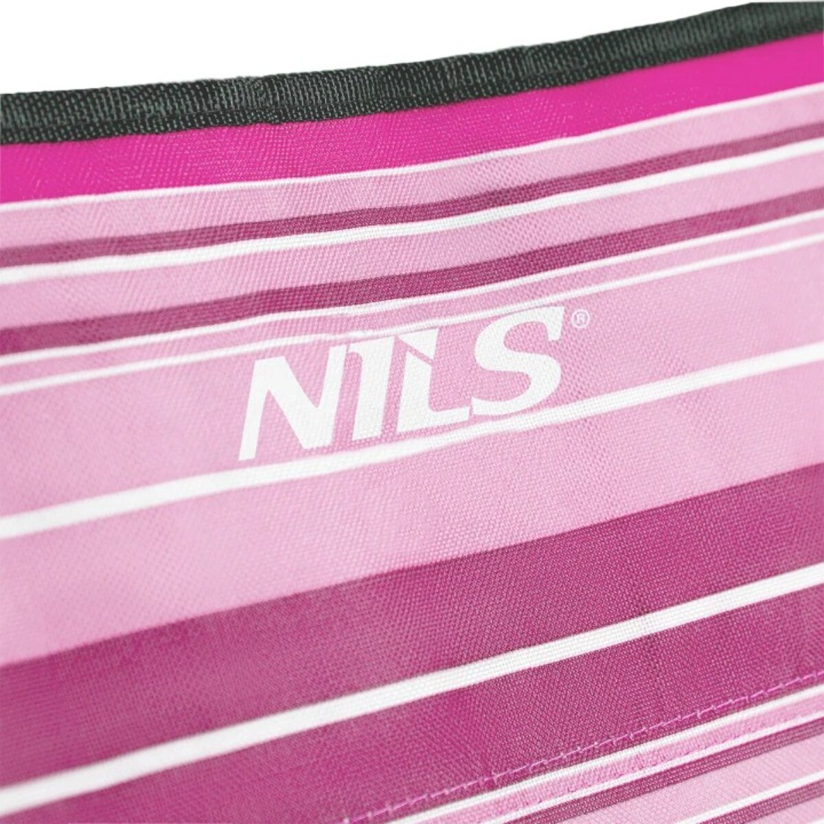 Close-up of a pink striped fabric with the white word 'NILS'. The top edge has a black border and a pink stripe.