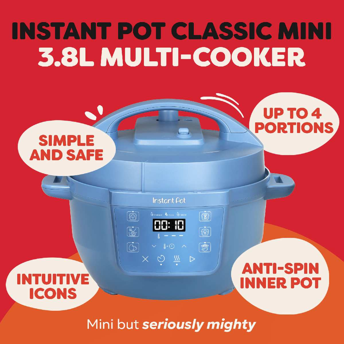 Niebieski multicooker Instant Pot z etykietami tekstowymi: Prosty i bezpieczny, Do 4 porcji, Intuicyjne ikony, Wewnętrzny garnek antyobrotowy.